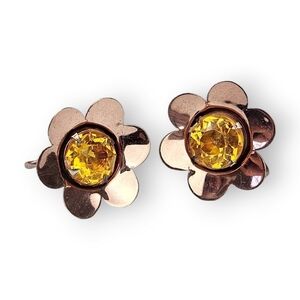 Sterling Flower Earrings Rose Gold Plate 925 Silver Citrine Glass Vtg Screwback